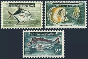 Мали, 1961, Рыбы, 3 марки с надпечаткой